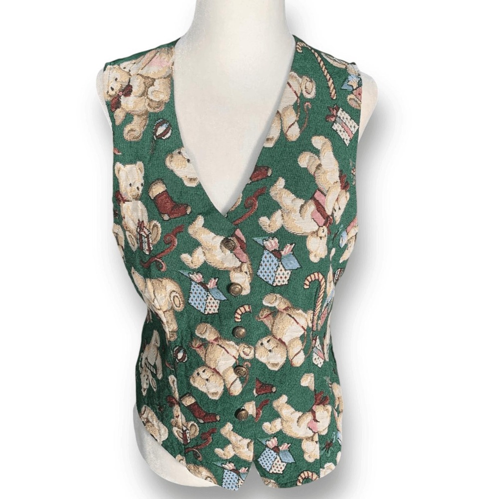 Vintage Christmas Teddy Bear Vest Green Holiday Novelty Waistcoat Whimsical - Picture 3 of 11
